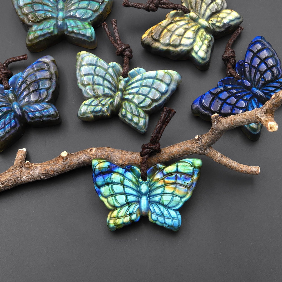 AAA Hand Carved Natural Labradorite Butterfly Pendant 3D A1
