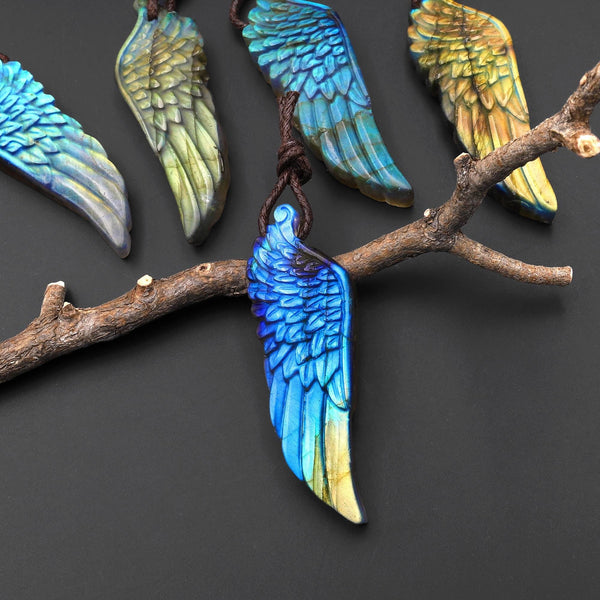 AAA Hand Carved Natural Labradorite Angel Wing Pendant Gemstone Focal Bead