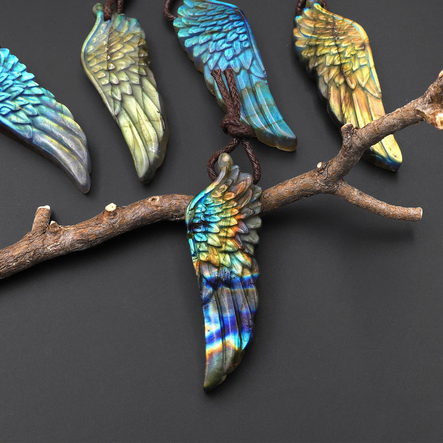 AAA Hand Carved Natural Labradorite Angel Wing Pendant Gemstone Focal Bead A1
