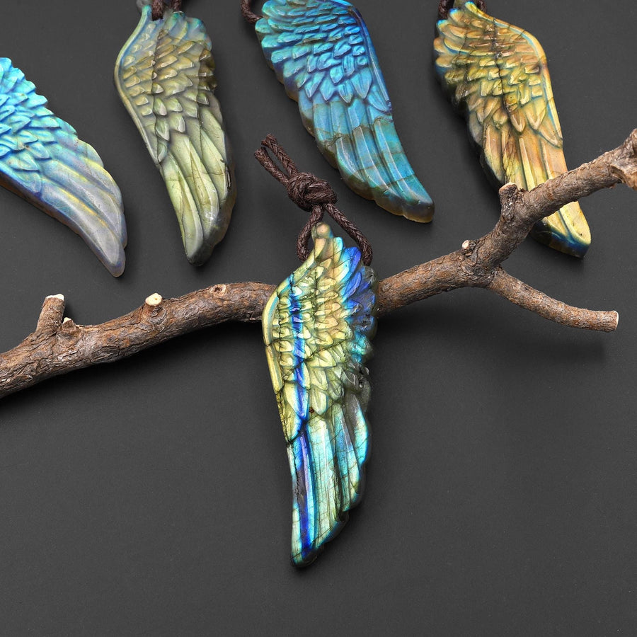 AAA Hand Carved Natural Labradorite Angel Wing Pendant Gemstone Focal Bead A3