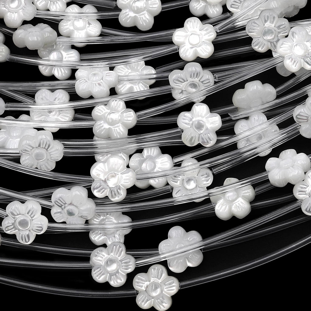 AAA Natural White Mother of Pearl Hand Carved Cherry Blossom Flower 10mm Gemstone Beads Strand