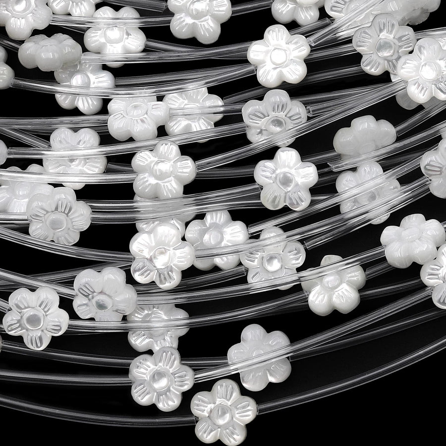 AAA Natural White Mother of Pearl Hand Carved Cherry Blossom Flower 10mm Gemstone Beads Strand