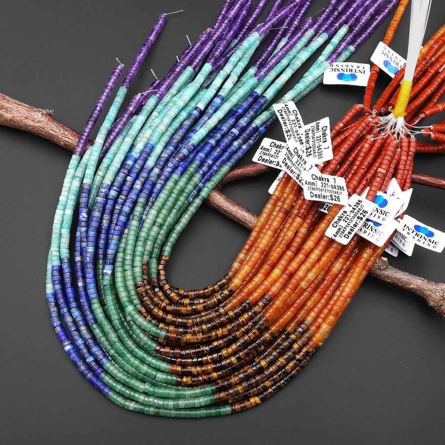 AAA Natural Chakra Beads 4mm Heishi Gemstone Amethyst Amazonite Lapis Green Tiger's Eye Orange Aventurine Red Jasper 15.5" Strand