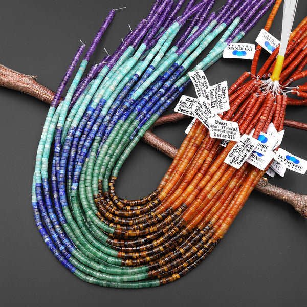 AAA Natural Chakra Beads 4mm Heishi Gemstone Amethyst Amazonite Lapis Green Tiger's Eye Orange Aventurine Red Jasper 15.5" Strand