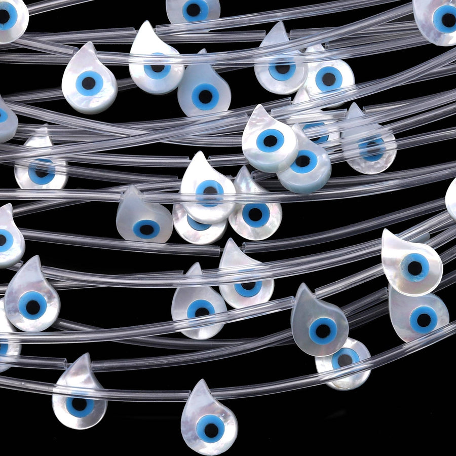 AAA Iridescent Natural White Mother of Pearl Shell Blue Evil Eye Teardrop Beads 11x8mm Strand