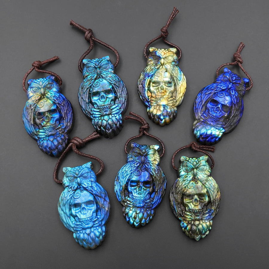 Flashy Blue Gold Green Fire Labradorite Owl Skull Pendant – Hand Carved Natural Gemstone, Protection Talisman, Unique Crystal Carving