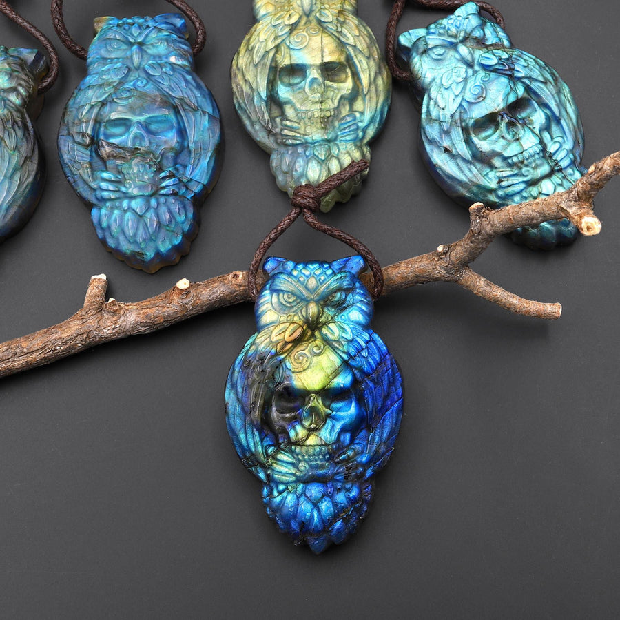 Flashy Blue Gold Green Fire Labradorite Owl Skull Pendant – Hand Carved Natural Gemstone, Protection Talisman, Unique Crystal Carving