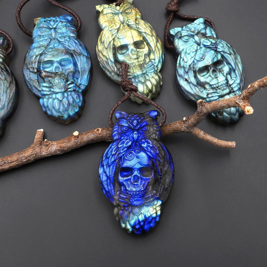 AAA Flashy Blue Gold Green Fire Labradorite Owl Skull Pendant – Hand Carved Natural Gemstone, Protection Talisman, Unique Crystal Carving A2