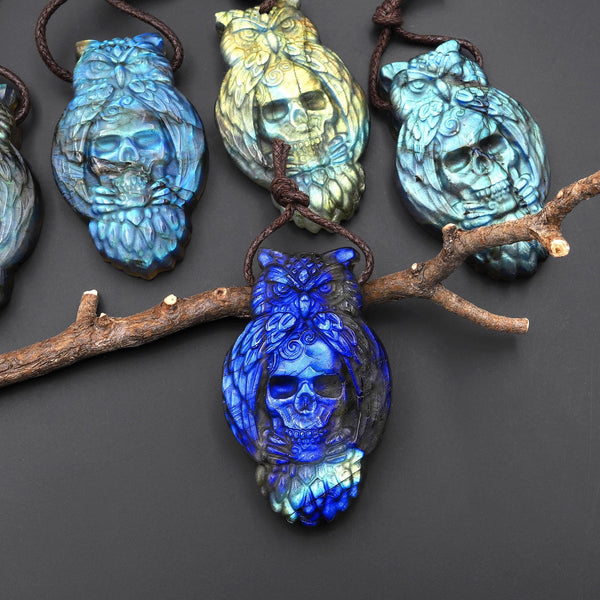 AAA Flashy Blue Gold Green Fire Labradorite Owl Skull Pendant – Hand Carved Natural Gemstone, Protection Talisman, Unique Crystal Carving A2