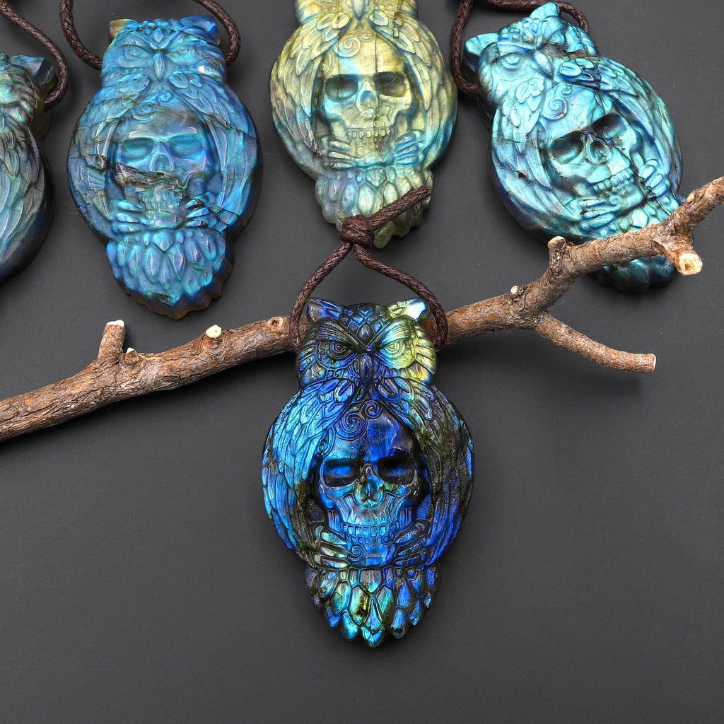AAA Flashy Blue Gold Green Fire Labradorite Owl Skull Pendant – Hand Carved Natural Gemstone, Protection Talisman, Unique Crystal Carving A3