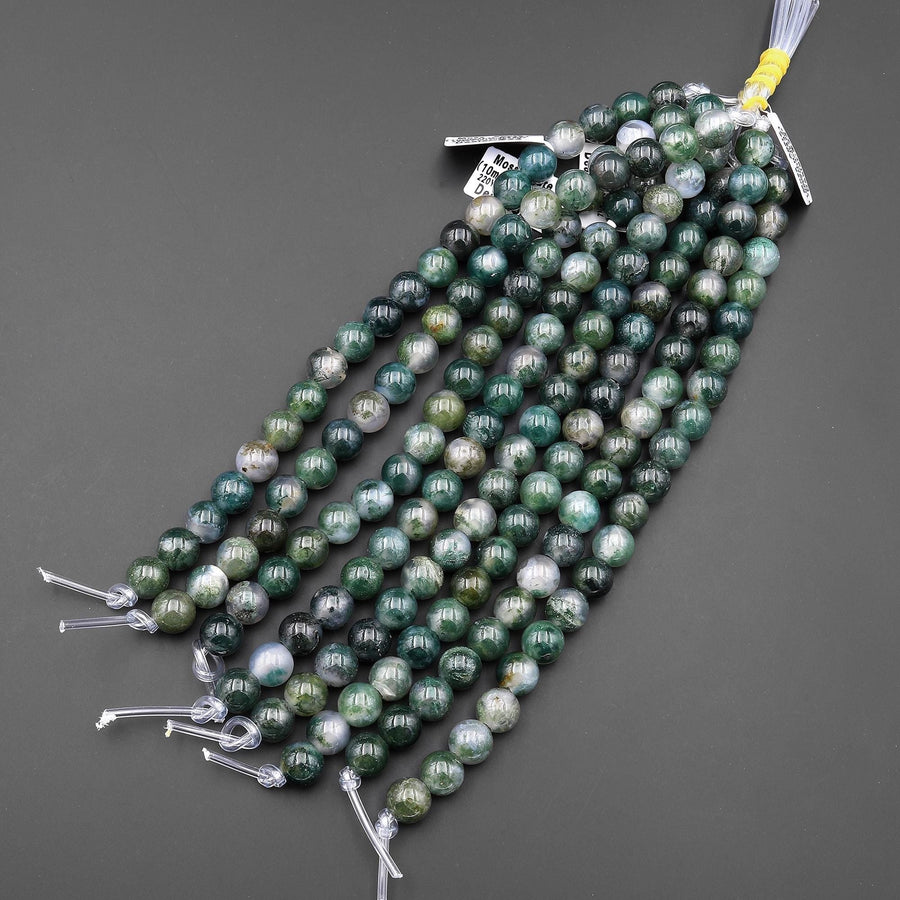 AAA Large Hole Beads 2mm 3mm Drill Natural Green Moss Agate 8mm 10mm Round Beads 8" Strand