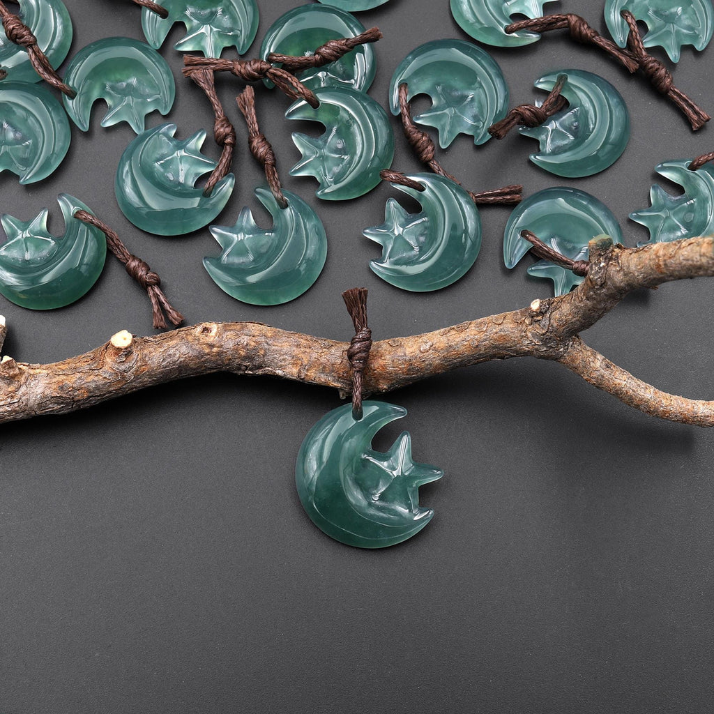 Hand Carved Natural Blue Green Guatemalan Jade Star and Moon Pendant