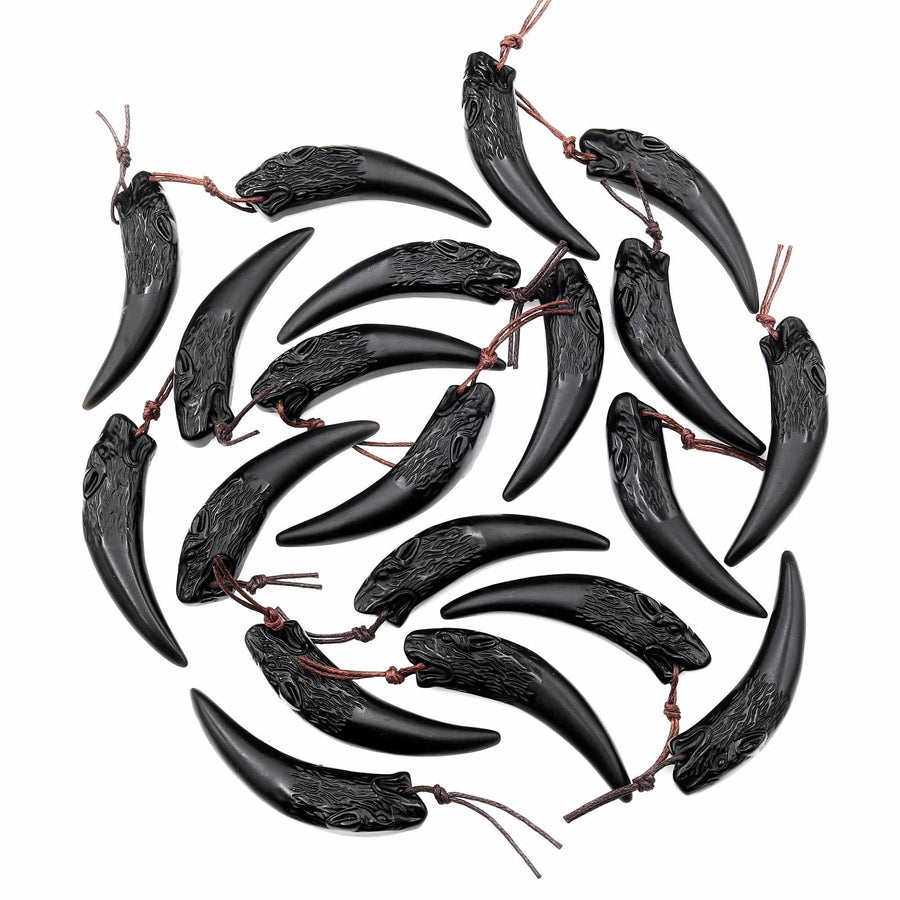 Carved Natural Black Obsidian Wolf Claw Pendant • Tribal Animal Fang Necklace Charm • Matte Totem for Jewelry Making • Protection Amulet