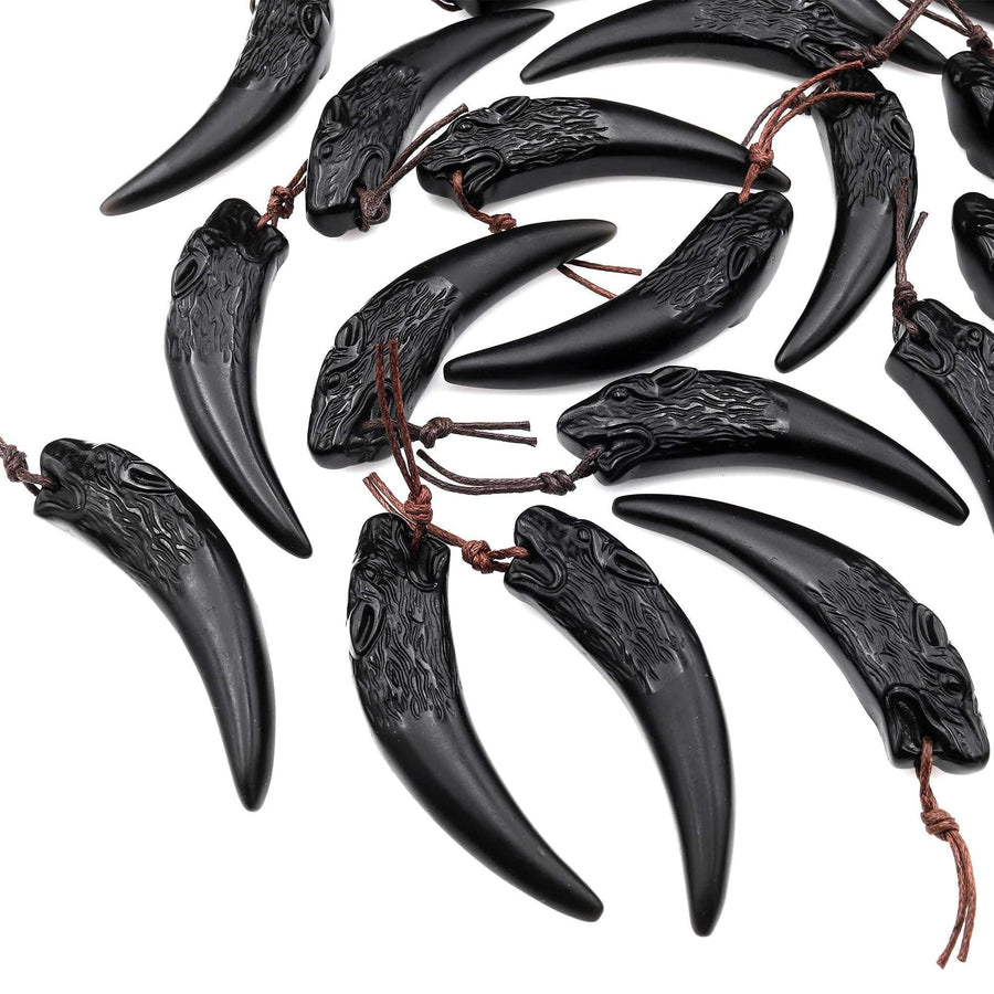 Carved Natural Black Obsidian Wolf Claw Pendant • Tribal Animal Fang Necklace Charm • Matte Totem for Jewelry Making • Protection Amulet