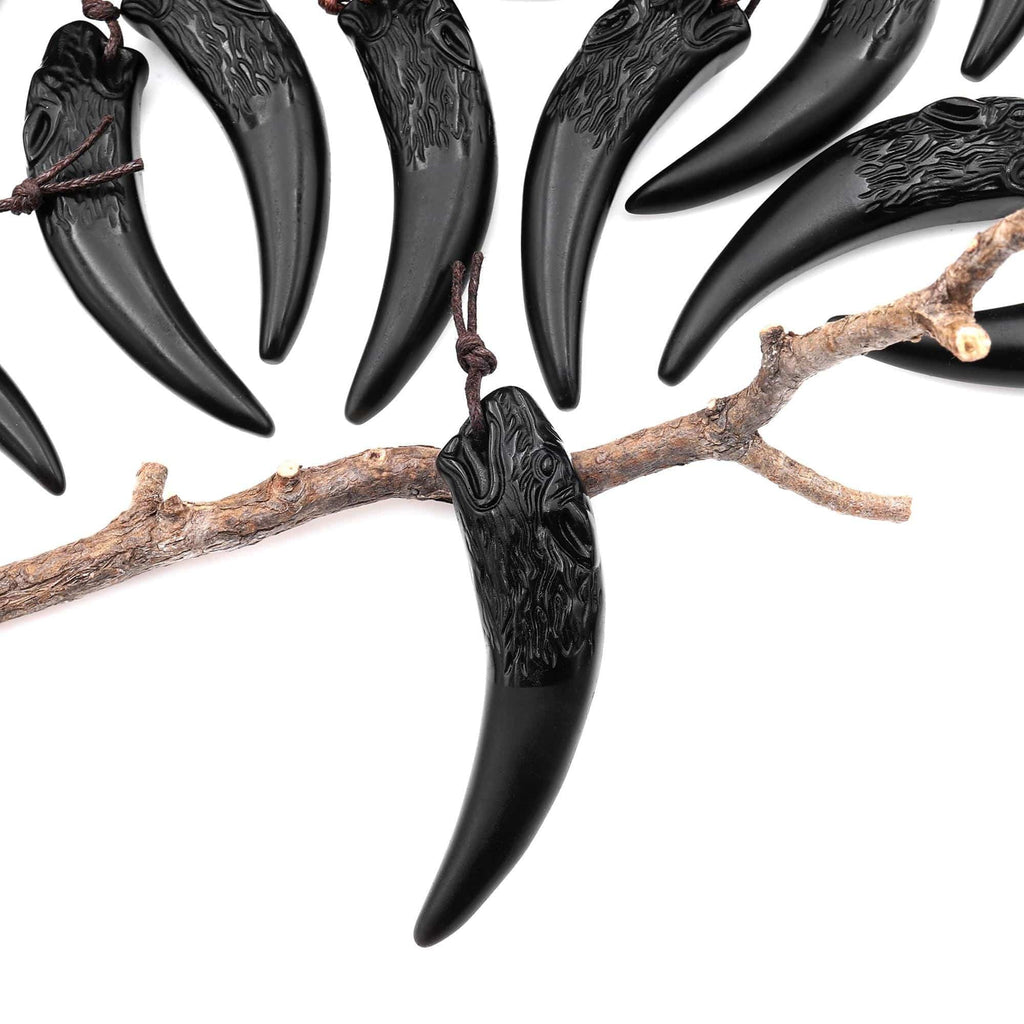 Carved Natural Black Obsidian Wolf Claw Pendant • Tribal Animal Fang Necklace Charm • Matte Totem for Jewelry Making • Protection Amulet