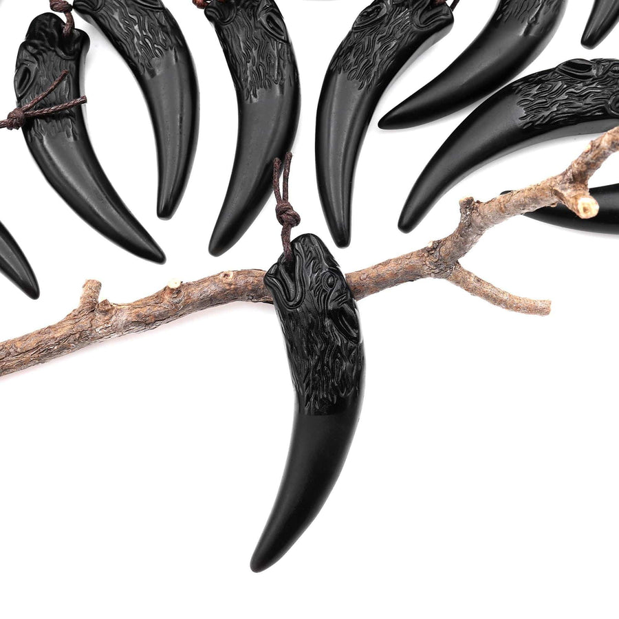 Carved Natural Black Obsidian Wolf Claw Pendant • Tribal Animal Fang Necklace Charm • Matte Totem for Jewelry Making • Protection Amulet A1