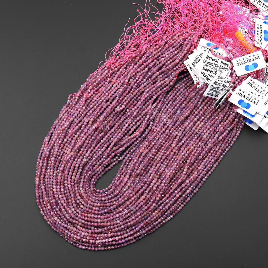 Natural Burma Ruby Faceted 2mm 3mm Round Beads Real Gemstone Micro Diamond Cut 15.5" Strand