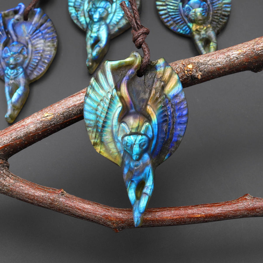 AAA Winged Sphynx Cat Pendant • Carved Labradorite Feline Angel • Goddess Totem • Flashy Labradorite Carving for Jewelry Making A3