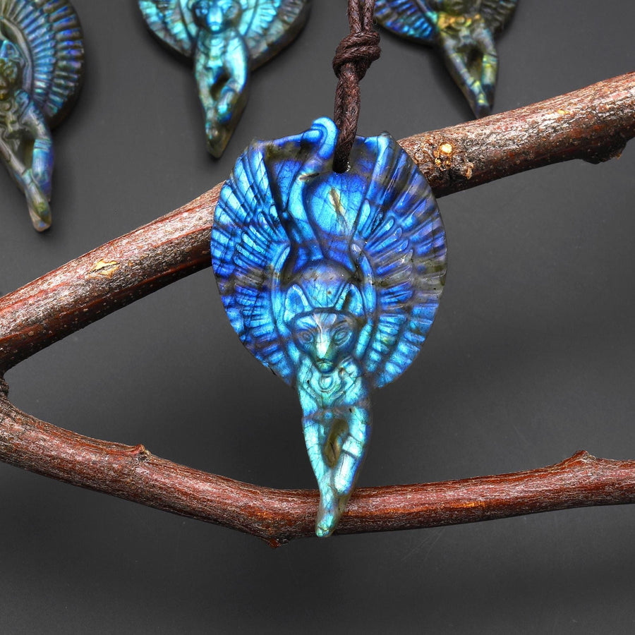 AAA Winged Sphynx Cat Pendant • Carved Labradorite Feline Angel • Goddess Totem • Flashy Labradorite Carving for Jewelry Making A4
