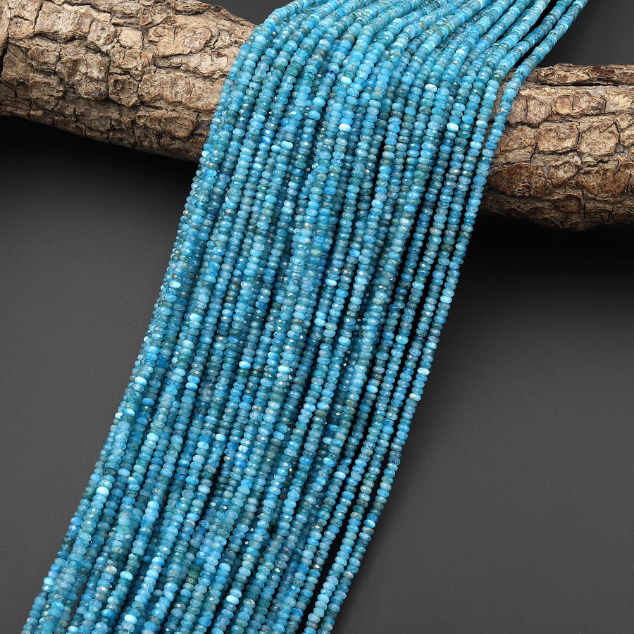 Faceted Natural Blue Apatite 3mm Thin Rondelle Beads Gemstone 15.5" Strand