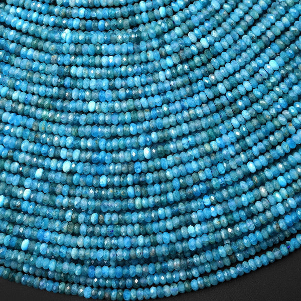 Faceted Natural Blue Apatite 3mm Thin Rondelle Beads Gemstone 15.5" Strand