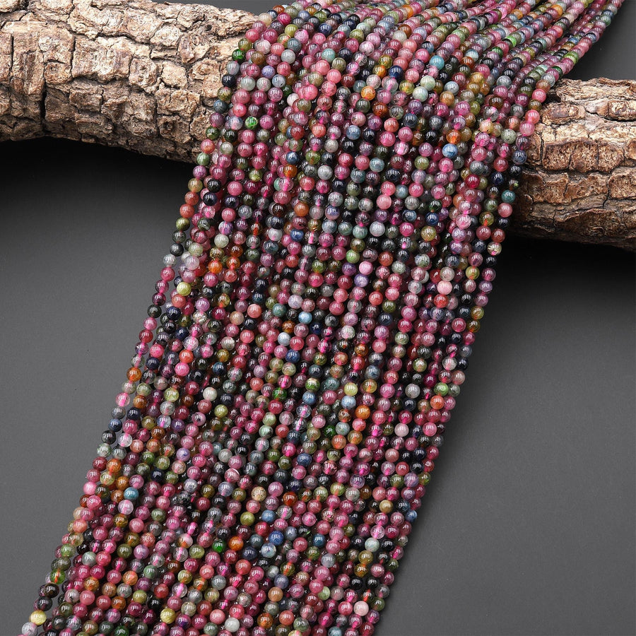 Genuine Natural Pink Green Blue Yellow Tourmaline 3mm Smooth Round Gemstone Beads 15.5" Strand