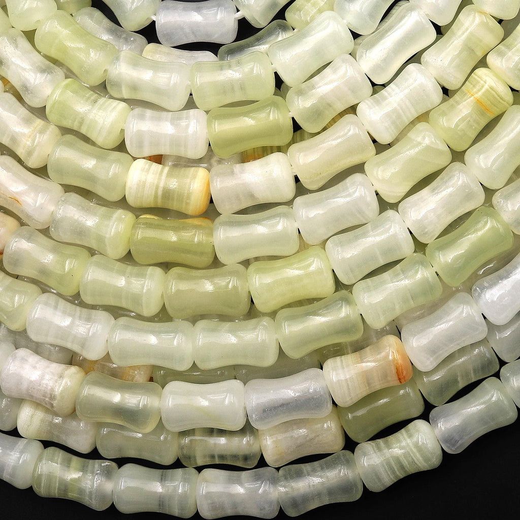 AAA Natural Green Calcite Carved Bamboo Stem Tube Beads Aka Afghanistan Jade 15.5" Strand