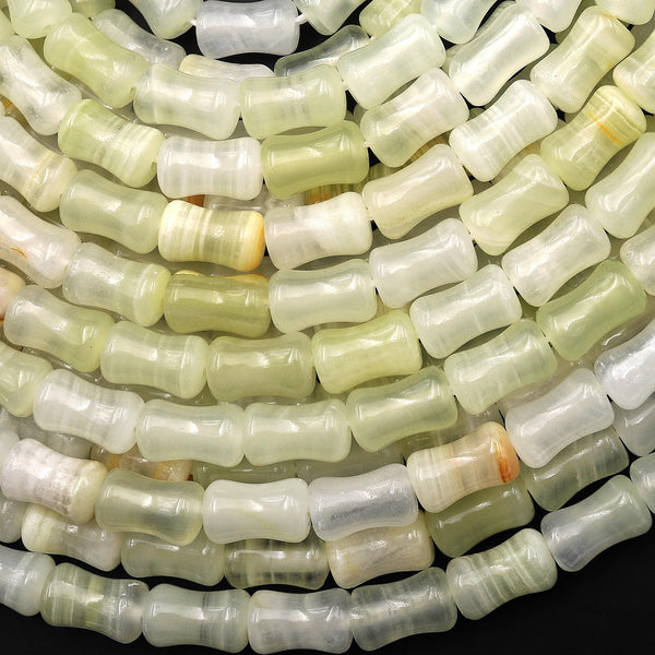 AAA Natural Green Calcite Carved Bamboo Stem Tube Beads Aka Afghanistan Jade 15.5" Strand