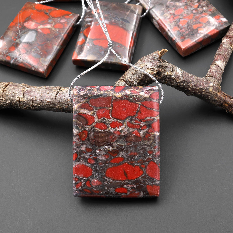 Natural Red Brecciated Blood Jasper Rectangle Pendant Side Drilled