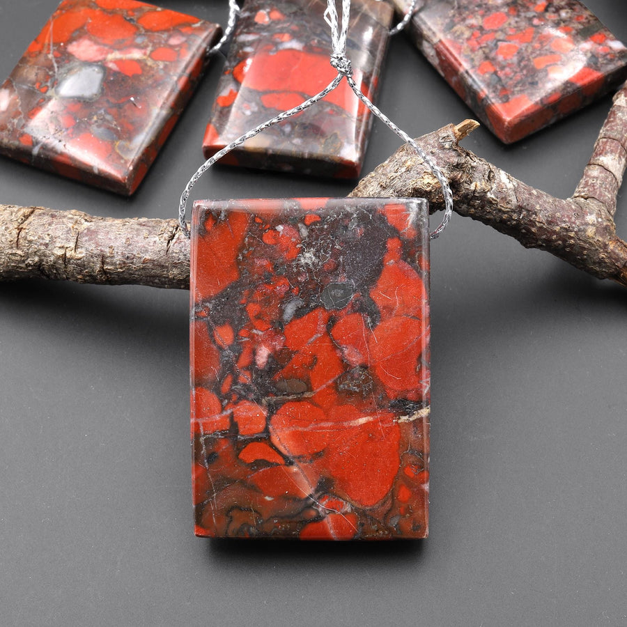 Natural Red Brecciated Blood Jasper Rectangle Pendant Side Drilled