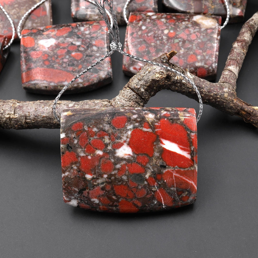 Natural Red Brecciated Blood Jasper Rectangle Saddle Locket Pendant Side Drilled A1