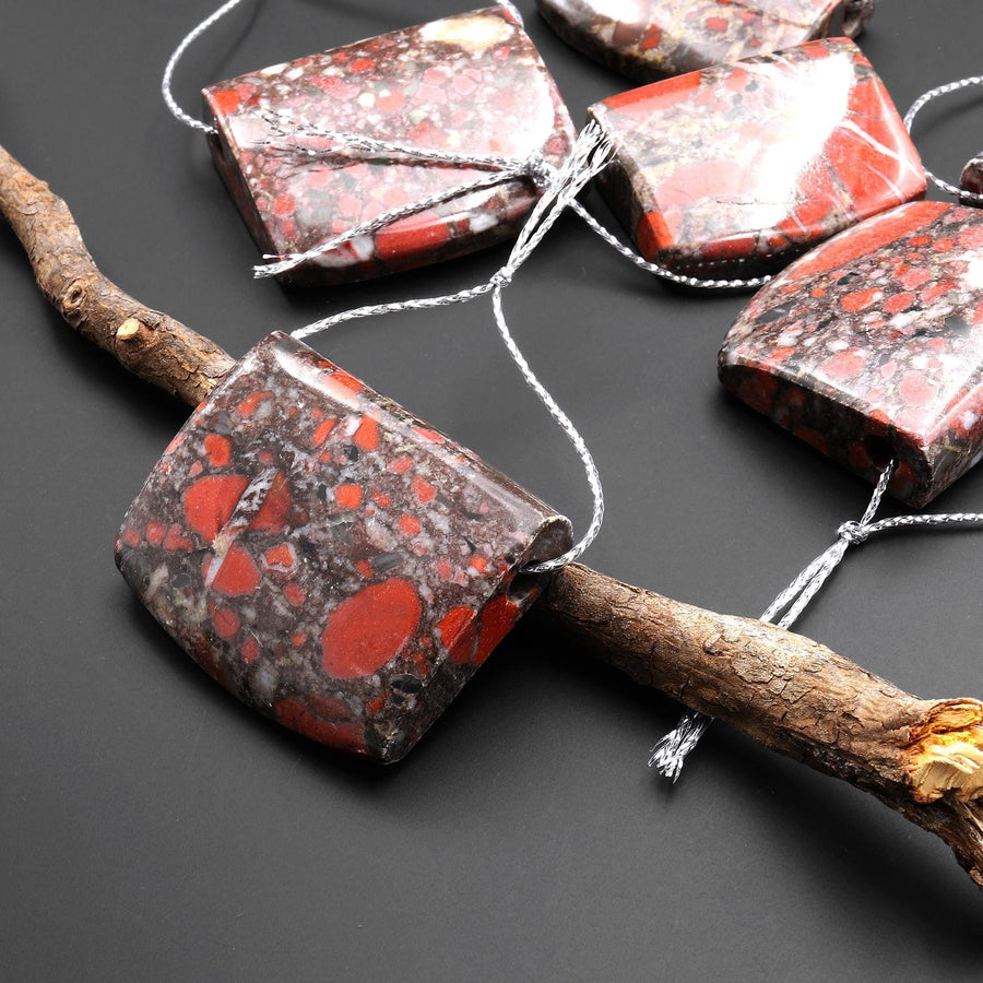 Natural Red Brecciated Blood Jasper Rectangle Saddle Locket Pendant Side Drilled A4