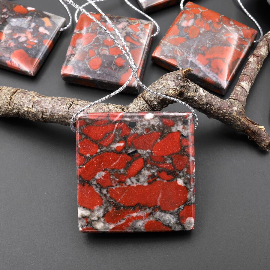 Natural Red Brecciated Blood Jasper Square Pendant Side Drilled A1