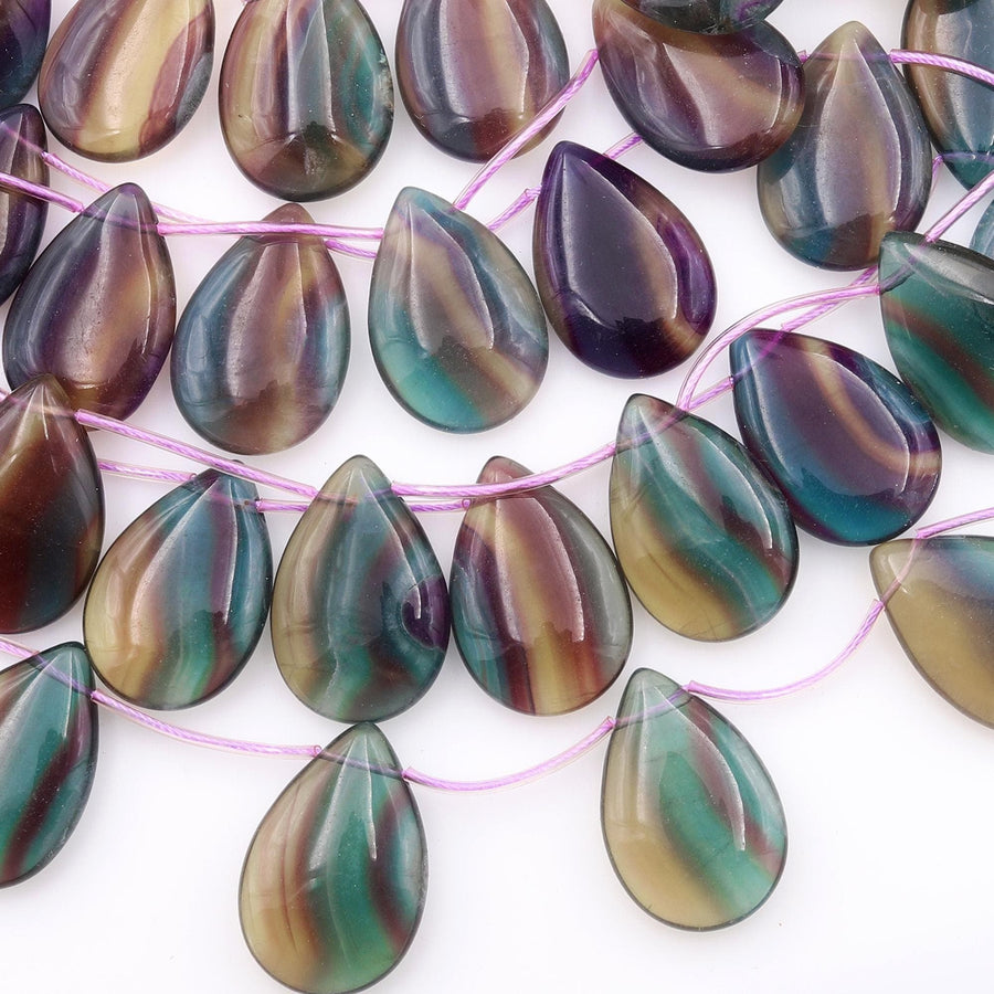 Natural Rainbow Fluorite Smooth Side Drilled Teardrop 20x30mm Focal Pendant Beads Honey Mauve Teal Green Colors 15.5" Strand