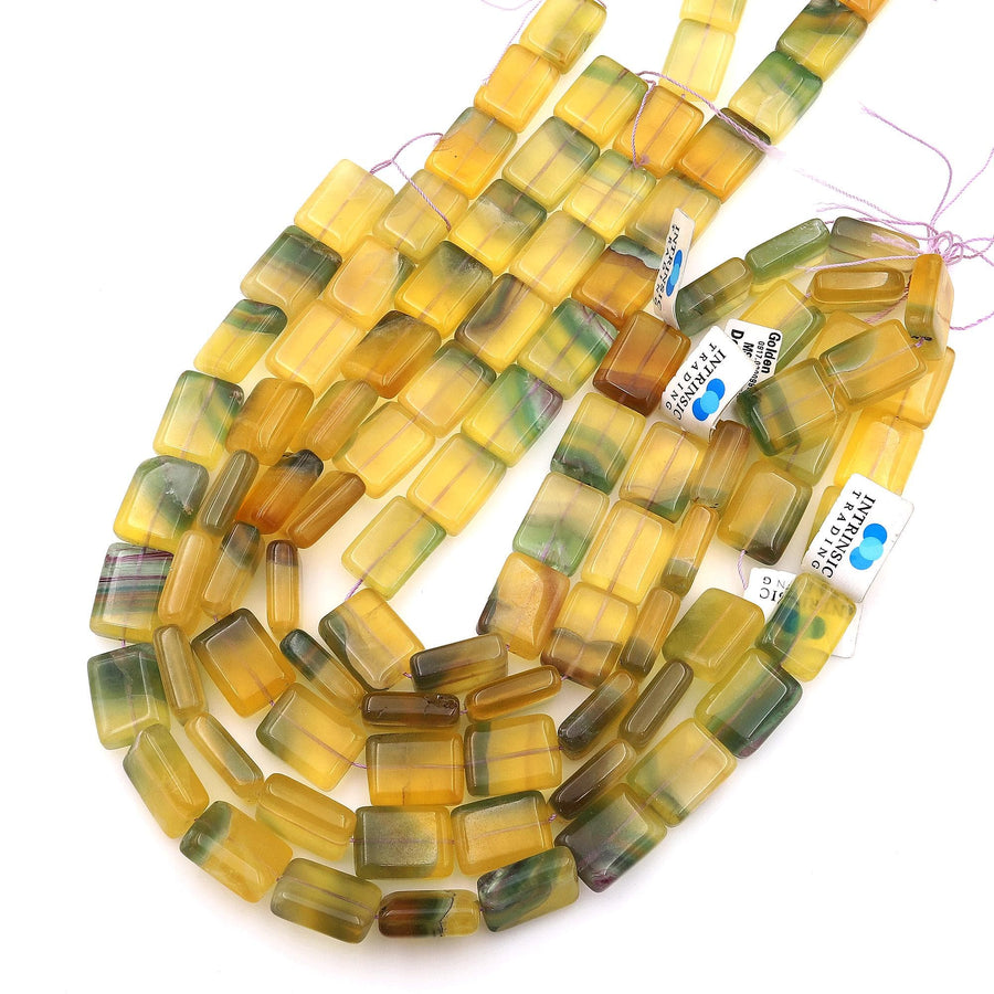 Rare Bicolor Natural Rainbow Fluorite Rectangle Tile Beads Yellow Green Gemstone 15.5" Strand