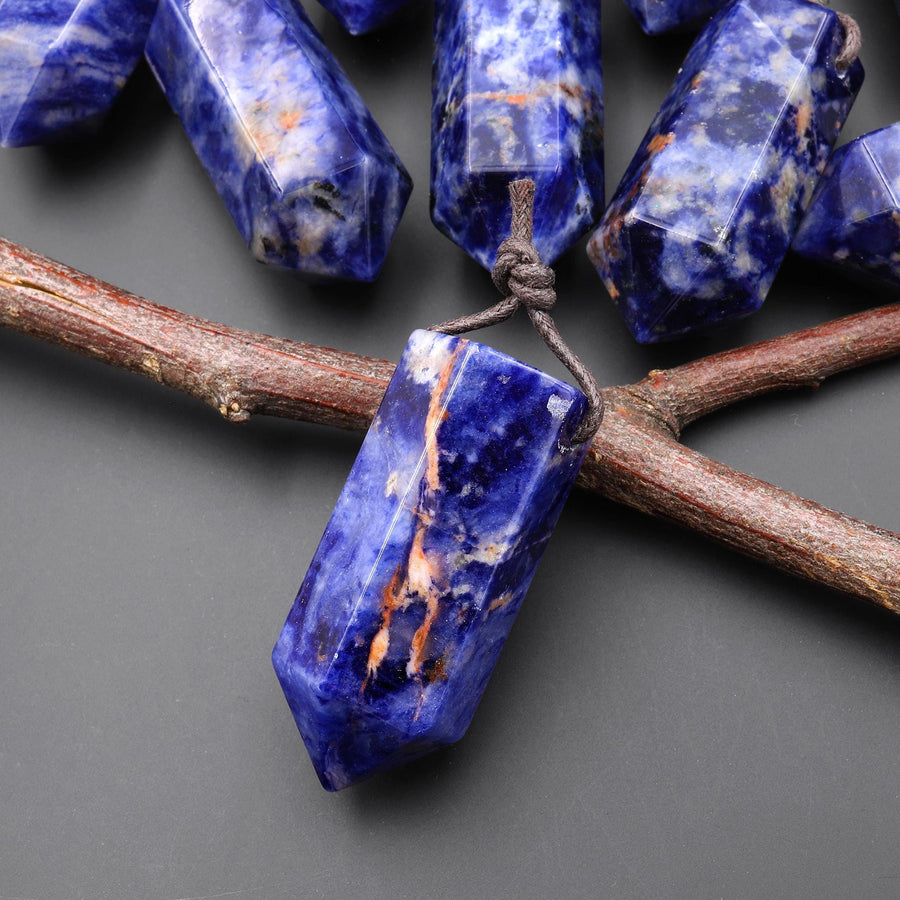 AAA Natural Blue Sodalite Faceted Hexagonal Crystal Point Pendant A1