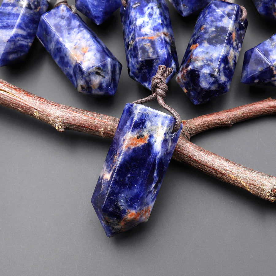 AAA Natural Blue Sodalite Faceted Hexagonal Crystal Point Pendant A4