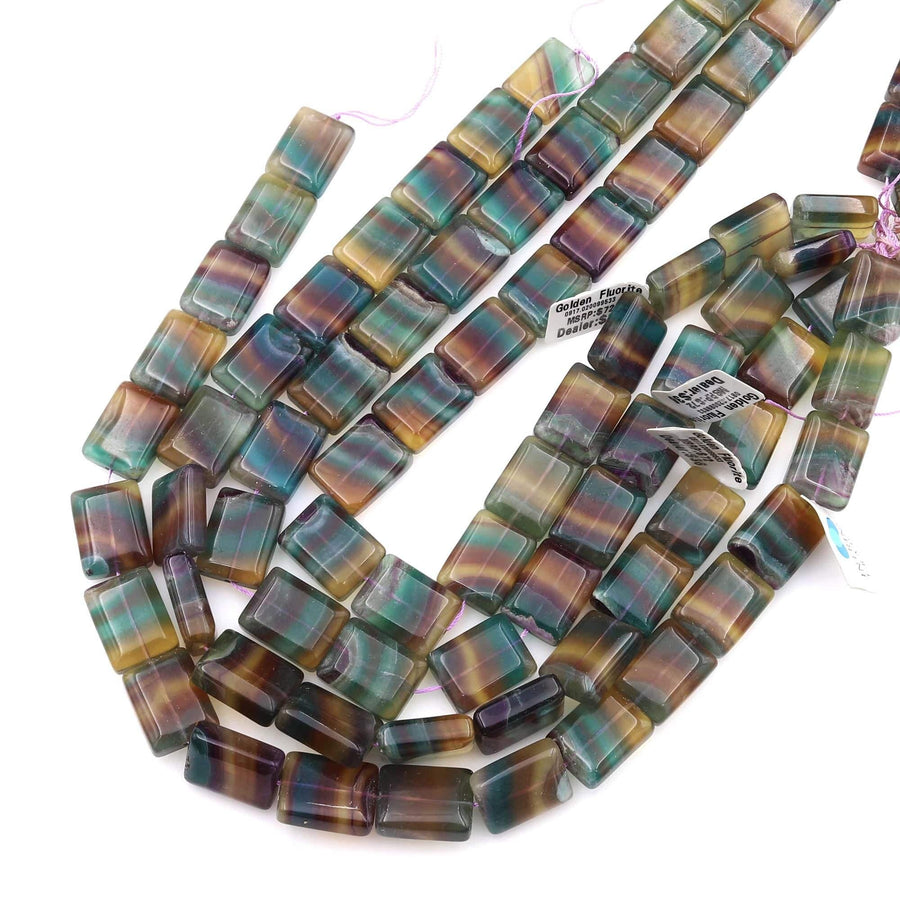 Rare Natural Rainbow Fluorite Rectangle Tile 13x18mm Beads Teal Green Mauve Purple Honey Amber Gemstone 15.5" Strand