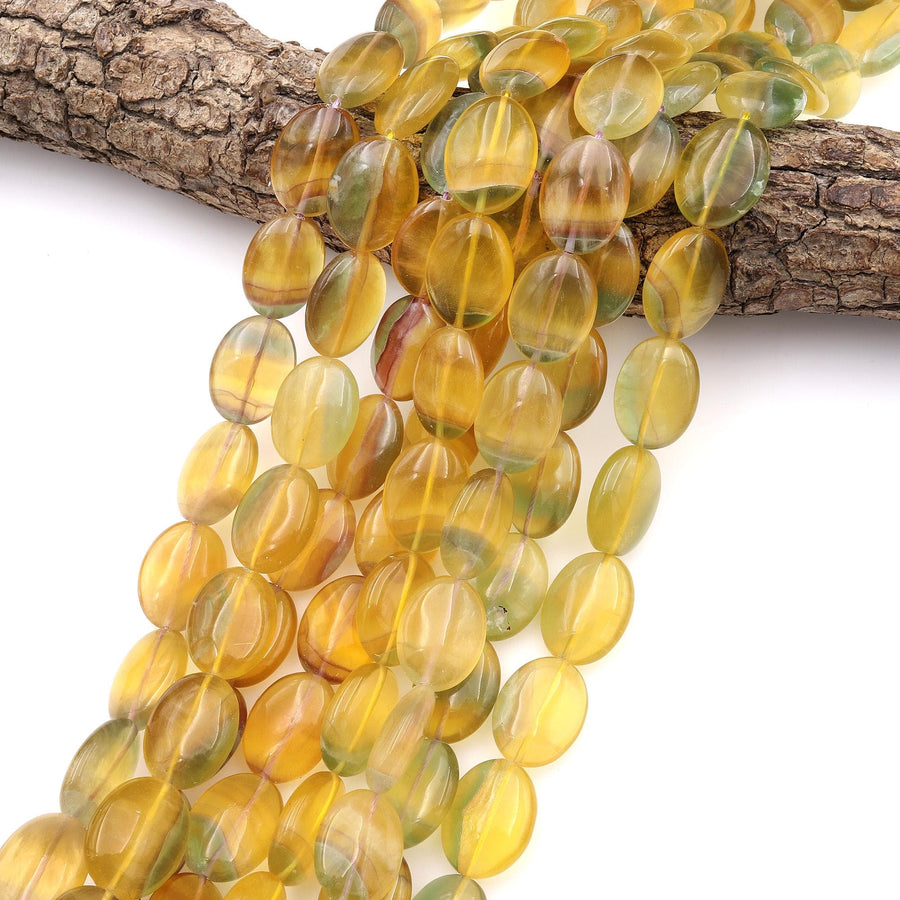 Rare Bicolor Natural Rainbow Fluorite Smooth Oval Beads Yellow Green Gemstone 15.5" Strand