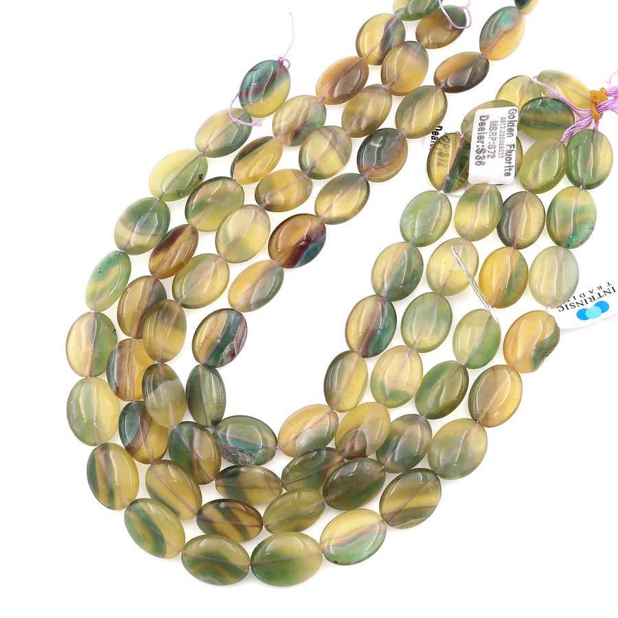 Rare Bicolor Natural Golden Yellow Green Fluorite Smooth Oval Beads 15x20mm Gemstone 15.5" Strand