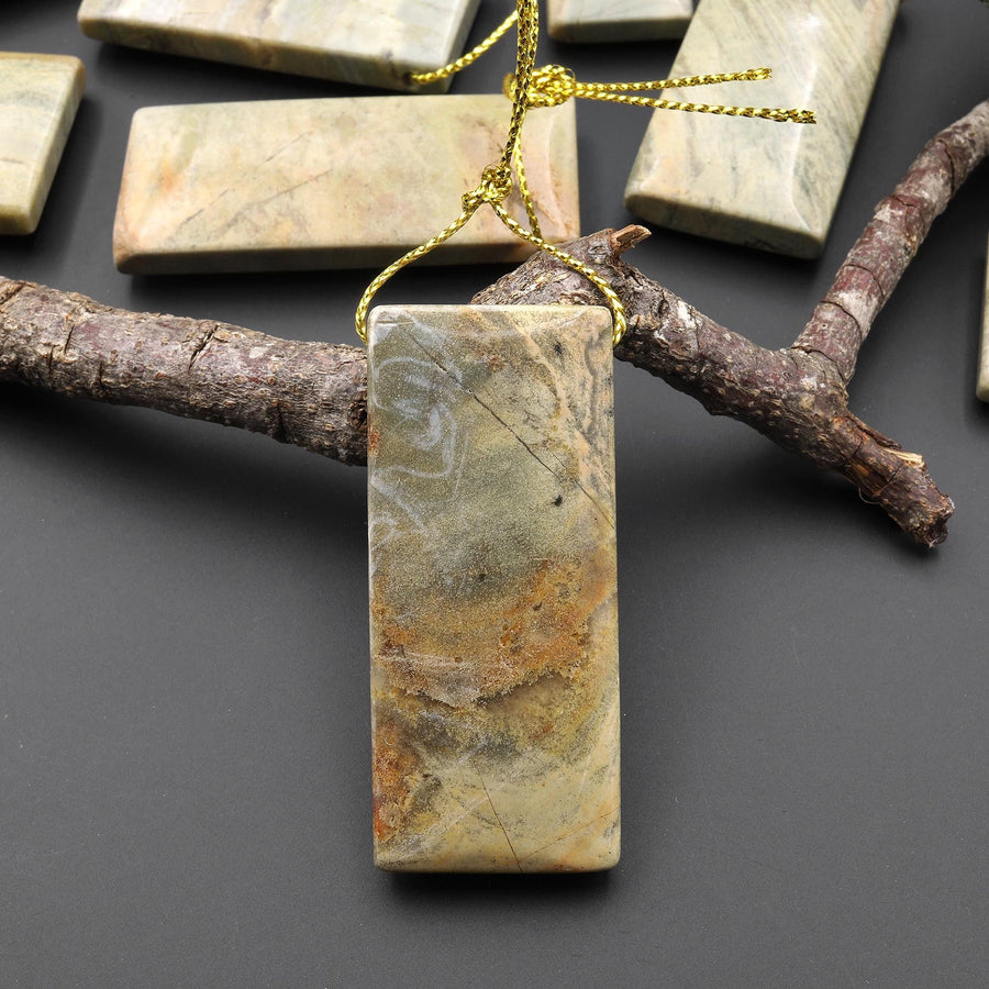Natural Green Mist Jasper Rectangle Pendant Top Side Drilled Focal Bead
