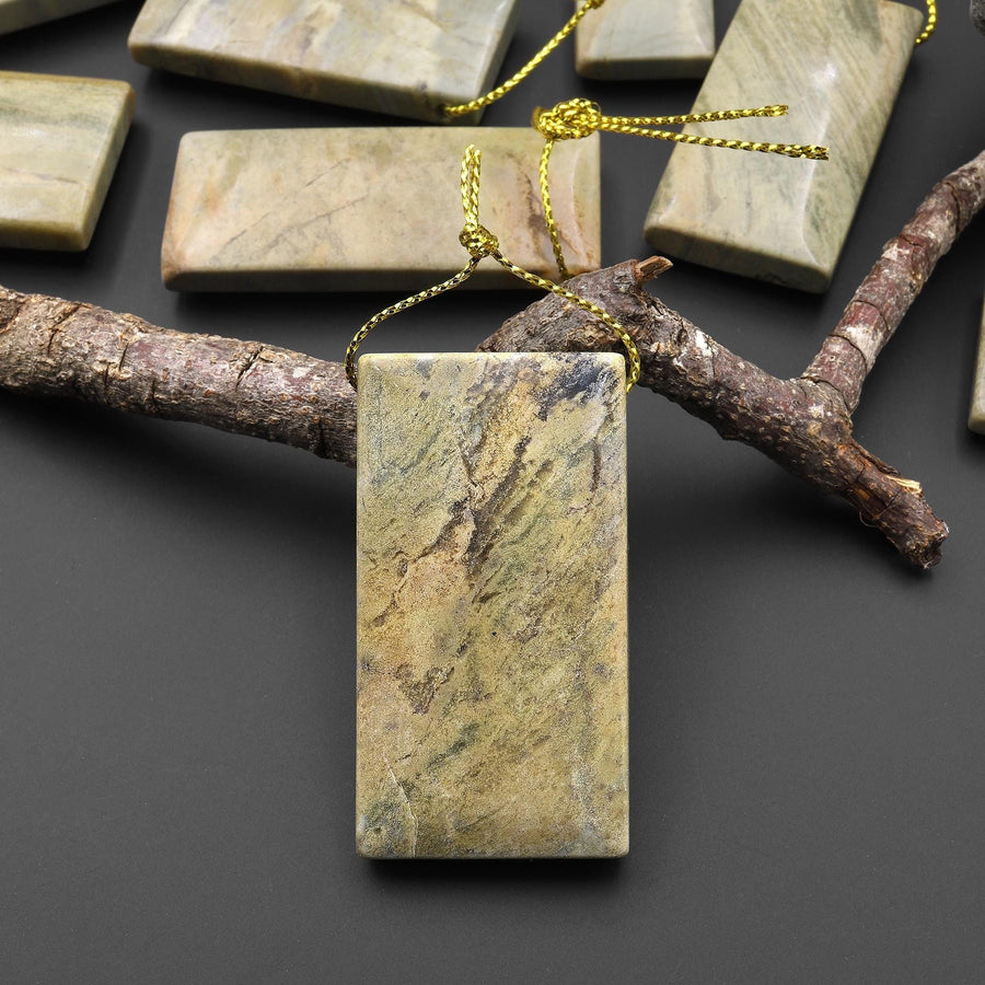 Natural Green Mist Jasper Rectangle Pendant Top Side Drilled Focal Bead