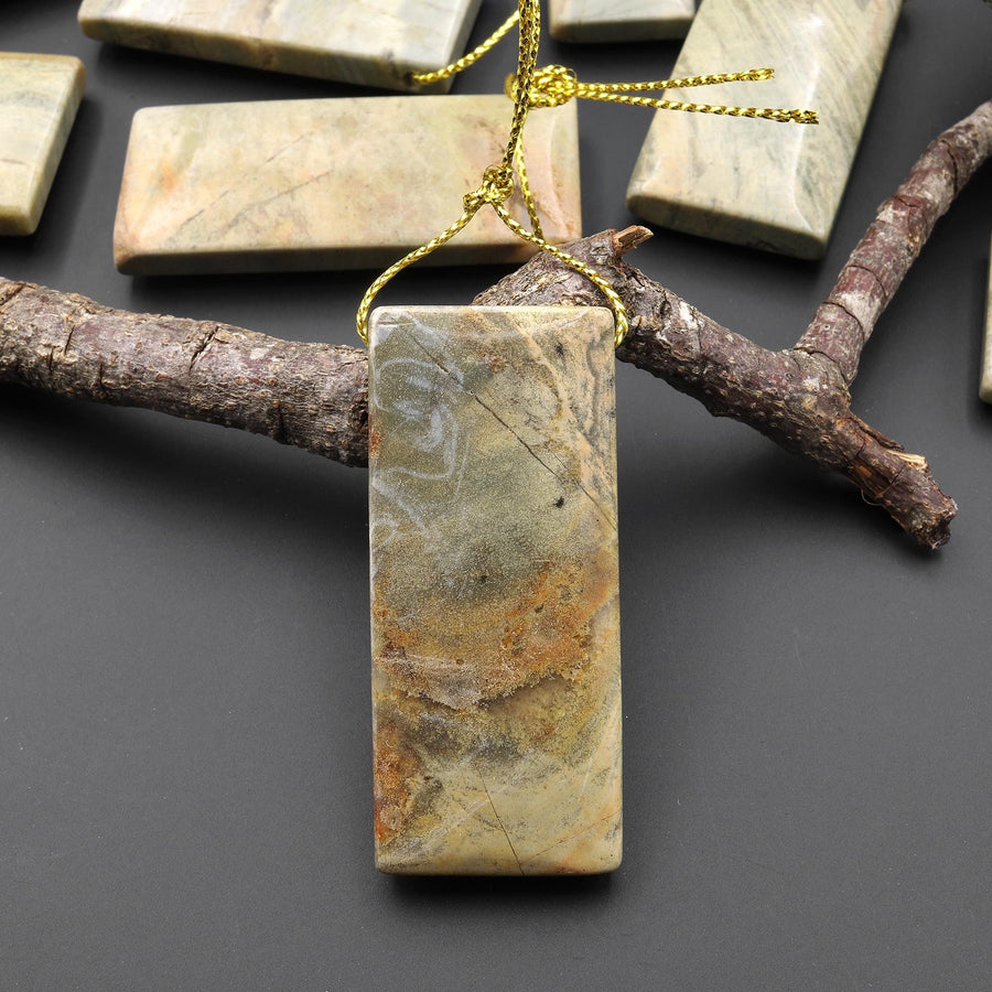 Natural Green Mist Jasper Rectangle Pendant Top Side Drilled Focal Bead A3