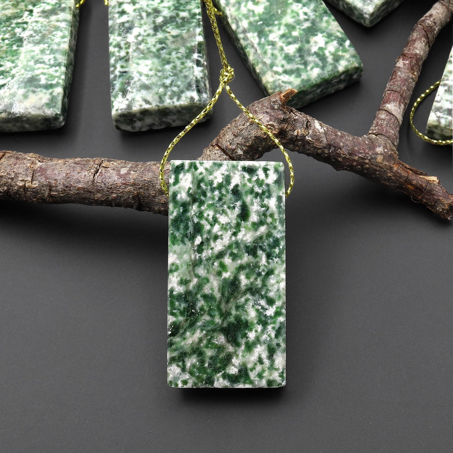 Natural Green Tree Agate Pendant Side Drilled Rectangle Gemstone