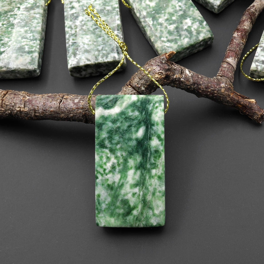 Natural Green Tree Agate Pendant Side Drilled Rectangle Gemstone A3