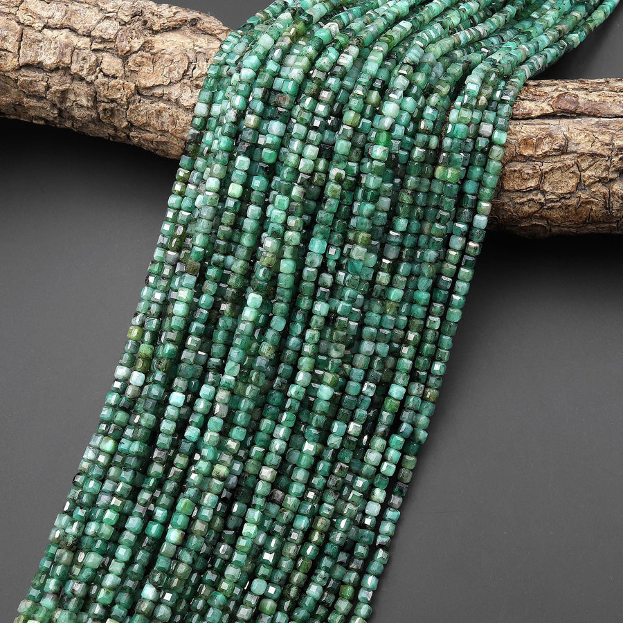 Real Genuine Natural Green Emerald 2mm 3mm 4mm Faceted Cube Beads Dice Square Gemstone 15.5" Strand