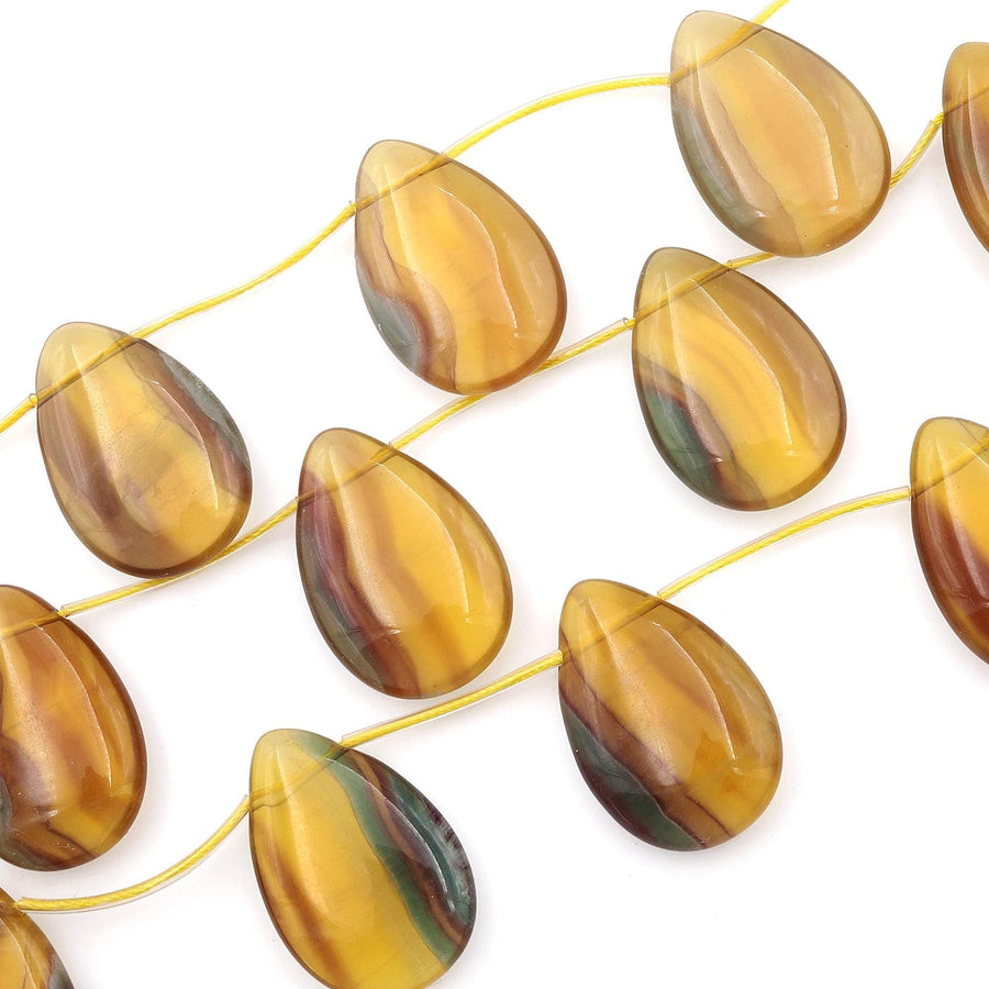 Natural Honey Rainbow Fluorite Smooth Teardrop Beads Golden Yellow Green Mauve Gemstone 15.5" Strand