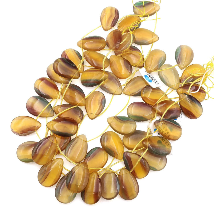 Natural Honey Rainbow Fluorite Smooth Teardrop Beads Golden Yellow Green Mauve Gemstone 15.5" Strand