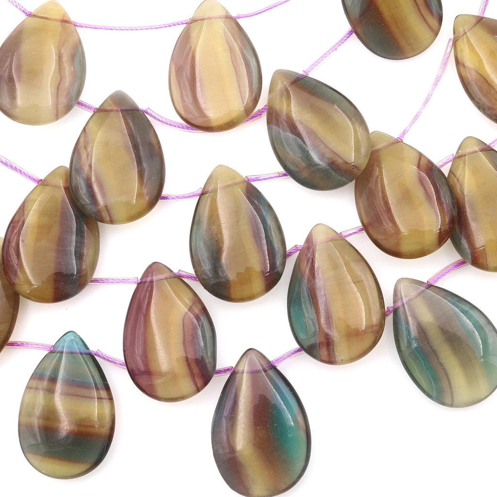 Natural Rainbow Fluorite Smooth Side Drilled Teardrop Focal Pendant Beads Honey Golden Yellow Green Mauve Colors 15.5" Strand