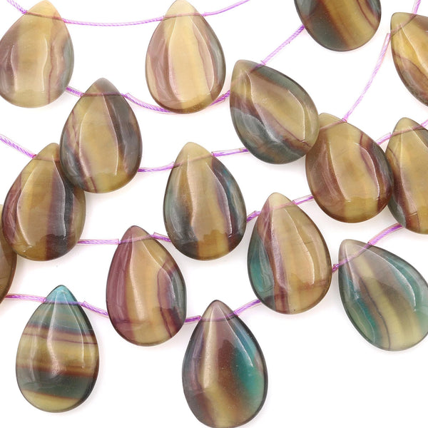Natural Rainbow Fluorite Smooth Side Drilled Teardrop Focal Pendant Beads Honey Golden Yellow Green Mauve Colors 15.5" Strand